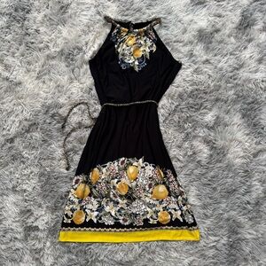 🍋Matte Jersey Reversible Lemon Floral Print Italian Black Yellow Mini Dress S